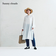 春季 桑妮库拉/Sunny clouds纯棉白色灯笼袖格子衬衫裙中长裙