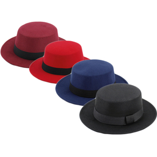 秋冬礼帽英伦黑色平顶帽，韩版赫本绅士爵士，帽平檐毛呢宽檐男女帽子