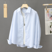 蓝色翻领条纹衬衫外套，女短款2024韩系衬衣，小个子外搭长袖上衣