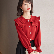 2023春装红色本命年娃娃领上衣长袖雪纺衬衫女士时髦洋气小衫
