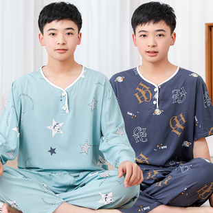 青少年棉绸睡衣男童夏季薄款长袖，初中生家居服学生大童人造棉套装