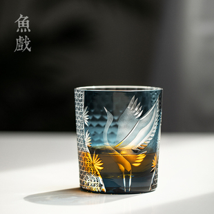 日式江户切子水晶玻璃杯水杯手工创意松鹤高颜值威士忌酒杯主人杯