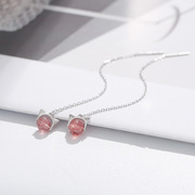 925纯银草莓晶猫咪耳线可爱粉水晶耳坠，女气质韩国个性长款耳环仙