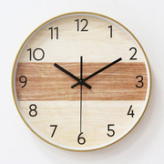 静音无声卧室挂钟塑料仿木纹，竹纹圆形12英寸客厅石英钟表挂表