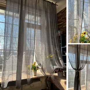 简约涤麻打孔成品窗帘，复古灰色纯色客厅窗纱，阳台飘窗书房窗帘