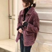 紫红色翻领拼接短外套女流行时髦仿羊羔毛上衣(毛上衣)2023年冬季欧货