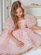 amicy公主裙女童夏季粉色，泡泡袖立体花朵礼服儿童生日演出连衣裙