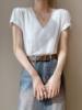 白色个性小众大V领短袖T恤女2024夏季韩版休闲气质百搭上衣
