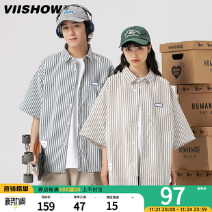 VIISHOW潮牌日系条纹短袖衬衫男2023夏季情侣宽松百搭上衣服外套