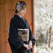 山鸟和色日式和风浴衣复古连衣裙改良和服摄影旅拍写真黑色蕾丝
