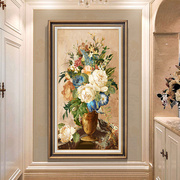 欧式玄关装饰画油画入户过道走廊挂画美式客厅竖版壁画花开富贵图