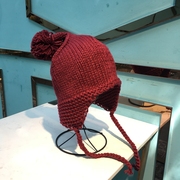 日系雷锋帽女麻花辫毛球护耳帽学生包头帽加绒保暖毛线针织帽子冬