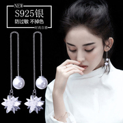 s925纯银冰花耳线珍珠长款水晶，流苏耳坠百搭气质，韩国雪花吊坠耳环