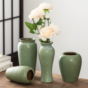 复古简约绿色陶瓷装饰花瓶干花，鲜花陶罐桌面书房民宿客厅插花摆件