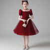 儿童礼服公主裙女童小主持人，钢琴演奏花童表演服装，高端红色演出服