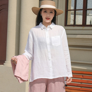 春装女款2024年夏装白色中年宽松长袖棉麻上衣苎麻衬衫衬衣