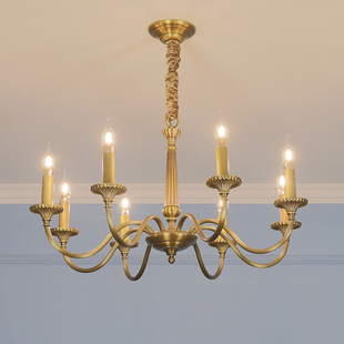 美式简约全铜客厅餐厅灯具北欧古铜色复古别墅书房卧室蜡烛小吊灯