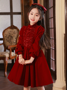 红色晚礼服女童高端公主裙秋季花童婚礼小女孩生日儿童钢琴演出服