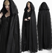 中世纪华丽哥特风暗黑，女巫连帽长款斗篷黑色，丝绒蕾丝拼接披风外套