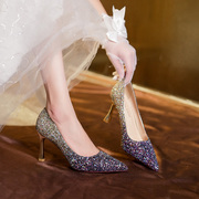婚鞋女2024结婚新娘婚纱水晶鞋，细跟尖头亮片，高跟鞋伴娘礼服鞋