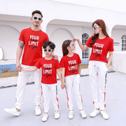 亲子装夏季红色短袖白色长裤一家三四口运动休闲套装家庭装服