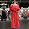 2024夏装方形领棉麻，西瓜红灯笼袖系带，长款连衣裙复古单排扣裙