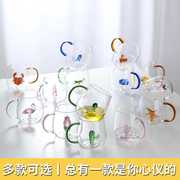 立体造型玻璃杯彩把卡通动物，杯高硼硅玻璃家用把杯果汁杯