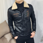 冬季潮流长袖毛领皮衣男外套修身韩版青年帅气加厚加绒机车皮夹克