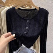 2025春季复古圆领针织毛衣外套女长袖设计感小众镂空短款开衫上衣