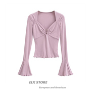 法式紫色纯欲喇叭袖金属环镂空打底衫内搭修身显瘦辣妹性感上衣女