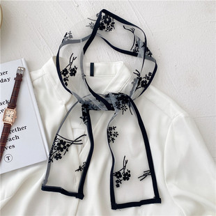 复古法式黑色植绒印花窄长丝巾蕾丝高级感设计气质温柔绑发飘带