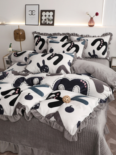 牛奶绒四件套韩式花边款加厚夹棉床盖床单冬季保暖床上被罩珊瑚绒