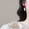 玫红色花朵珍珠耳坠潮气质长款时尚设计耳环耳钉无耳洞耳夹
