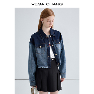vegachang牛仔，短外套女2024年春季设计感拼色小个子牛仔上衣