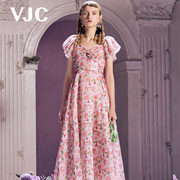 vjc威杰思春夏女装粉色吊带，抹胸碎花中长款修身连衣裙