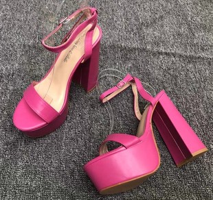 一字带粗跟凉鞋粉红色超高跟14cm夜场性感欧美风防水台简约时尚
