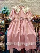 粉色绣花长裙精细棉布，森系短袖连衣裙，长款宽松大码收腰翻领夏款