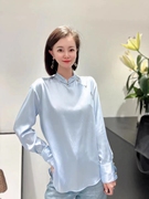 气质衬衫女高级感独特设计新中式国风盘扣，立领蓝色衬衣打底衫上衣