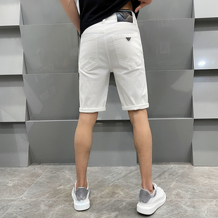 欧美高端白色牛仔短裤男五分裤，修身直筒夏季薄款弹力，休闲百搭中裤