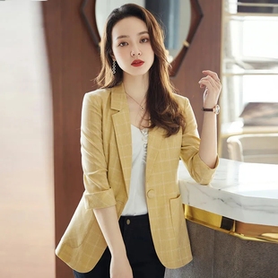 黄色格子小西装外套，女春夏季韩版气质，休闲短款七分袖薄款西服