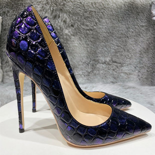 12cm深蓝色石头纹，高跟鞋时尚优雅女士，简洁百搭单鞋10cm小码