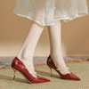 H763-29羊皮垫红色高跟鞋女一字带串珠亮皮细跟尖头时装单鞋婚鞋