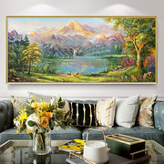 手绘油画客厅装饰画，金山聚宝盆鹿风景，山水轻奢美式沙发背景墙挂画