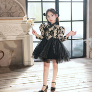 黑色女童公主裙轻奢小众主持人钢琴演出服装长袖晚礼服儿童礼服