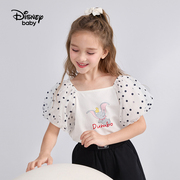 迪士尼品牌夏装女童网纱泡泡短袖，t恤儿童卡通小飞象体恤衫100-150