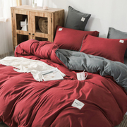 网红纯色床上用品四件套1.51.8m被套床单双人，被子套件双拼贴布绣