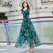 墨绿色网纱连衣裙女2024夏季新薄款高端时尚质感，显白显瘦短袖长裙