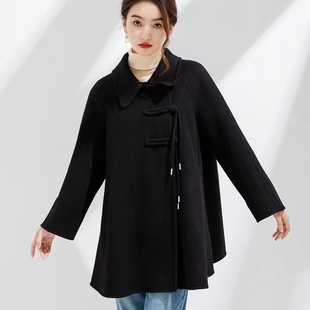 羊毛外套女品牌黑色双面羊绒羊角扣红色大衣女中长款2023秋冬