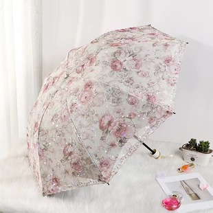 双层蕾丝刺绣太阳伞加厚防晒防紫外线两用黑胶，晴雨伞自动折叠伞女