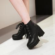 靴子女靴短靴短筒圆头秋冬季系带高跟，粗跟机车靴马丁靴棕色黑色
